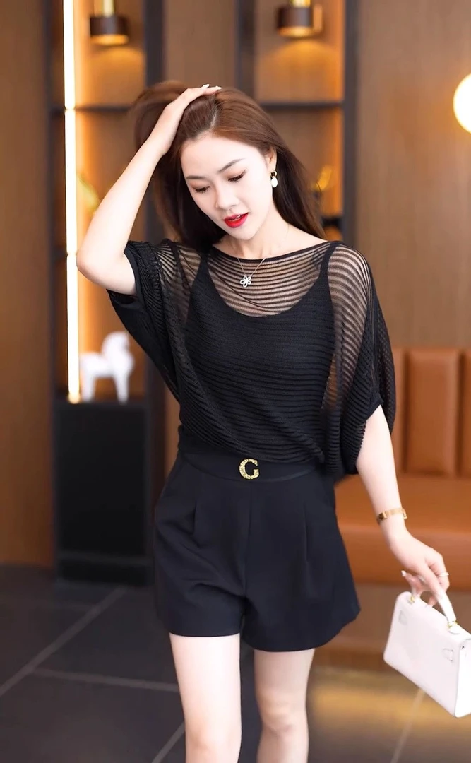 冰丝针织衫女短袖防晒罩衫镂空蝙蝠衫2025夏季新款百搭上衣两件套