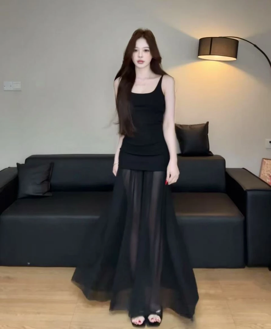 淡人仙女裙 清冷艺术系拼接网纱新疆棉针织吊带裙