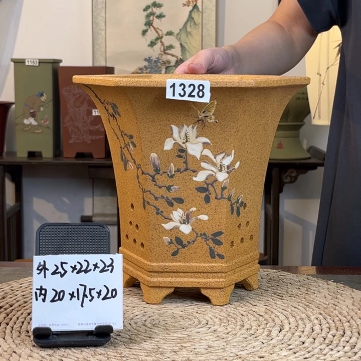 紫砂花盆  新品福利柴烧彩绘飘口六方1328