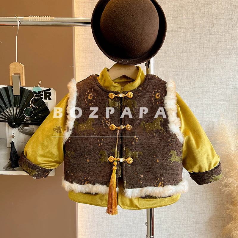 啵小爸【绿影鎏金】2025年冬季新中式时尚毛毛边夹棉马甲贵气套装冬