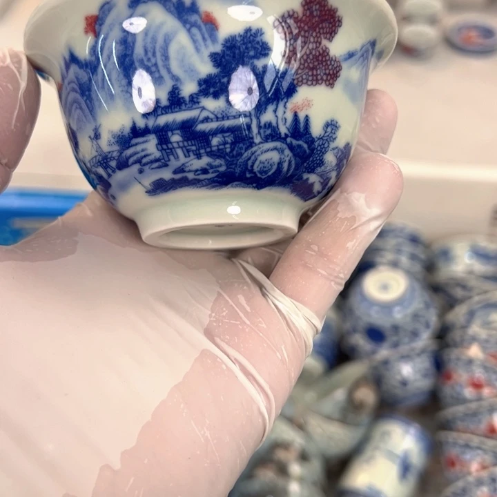 瓷片白青花富春山居图压手杯全品