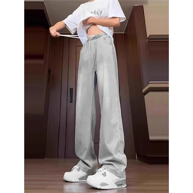 烟灰色冰丝牛仔裤男夏季薄款直筒垂感青少年裤子抽绳松紧腰阔腿裤