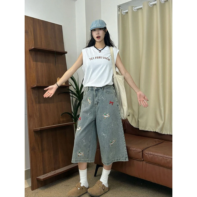 小狗刺绣黑色阔腿裤垂感高级感cleanfit夏日牛仔七分裤高腰直筒裤