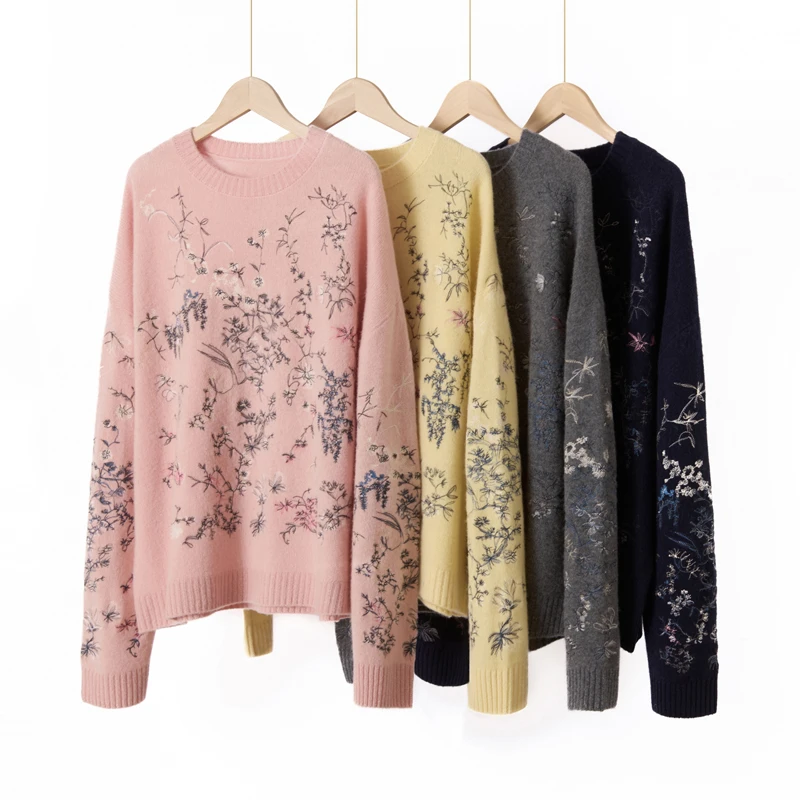 高端轻奢秋冬长袖时尚羊绒衫印花圆领针织打底衫美式复古针织开衫