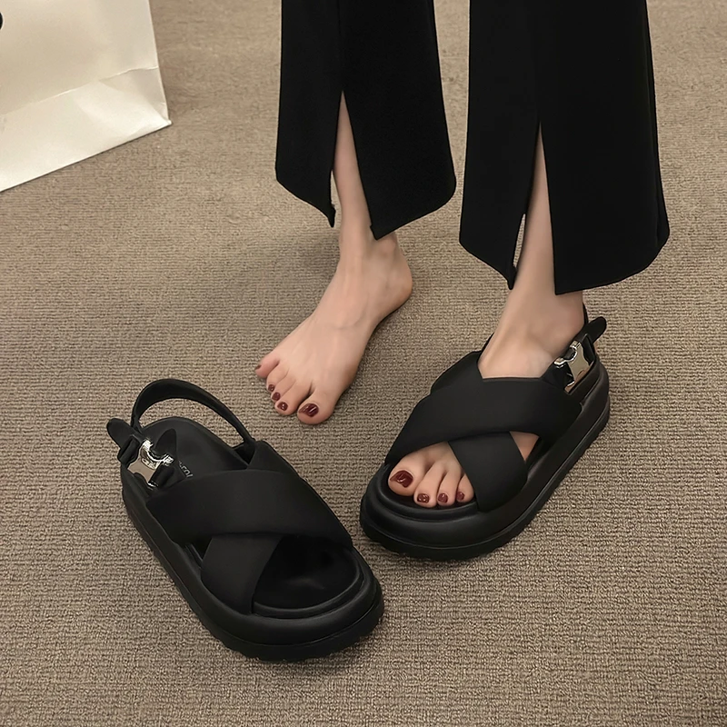 欧洲站交叉带凉鞋女夏季2025年新款松糕厚底轻便网红款凉拖鞋女