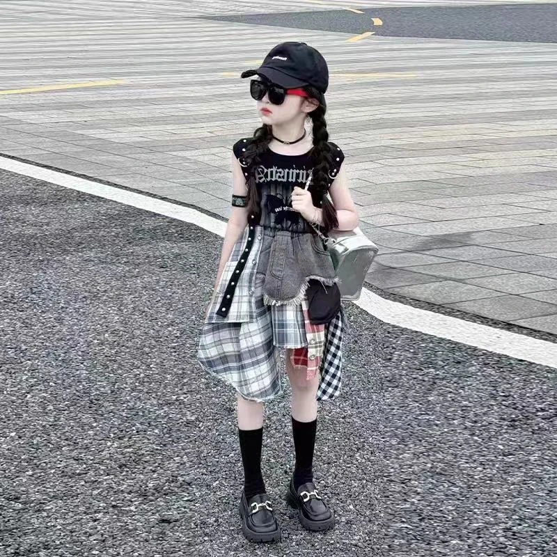 【雷哥.潮妞】女童辣妹夏装2025新款大童穿搭儿童背心牛仔套装裙时