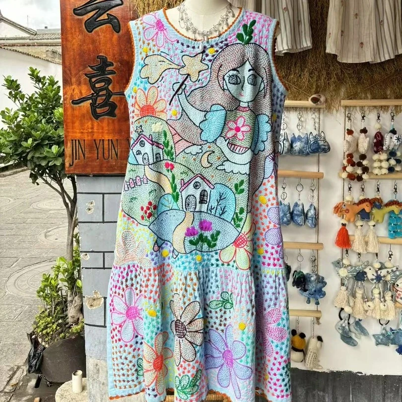 手工刺绣文艺风油画图案连衣裙