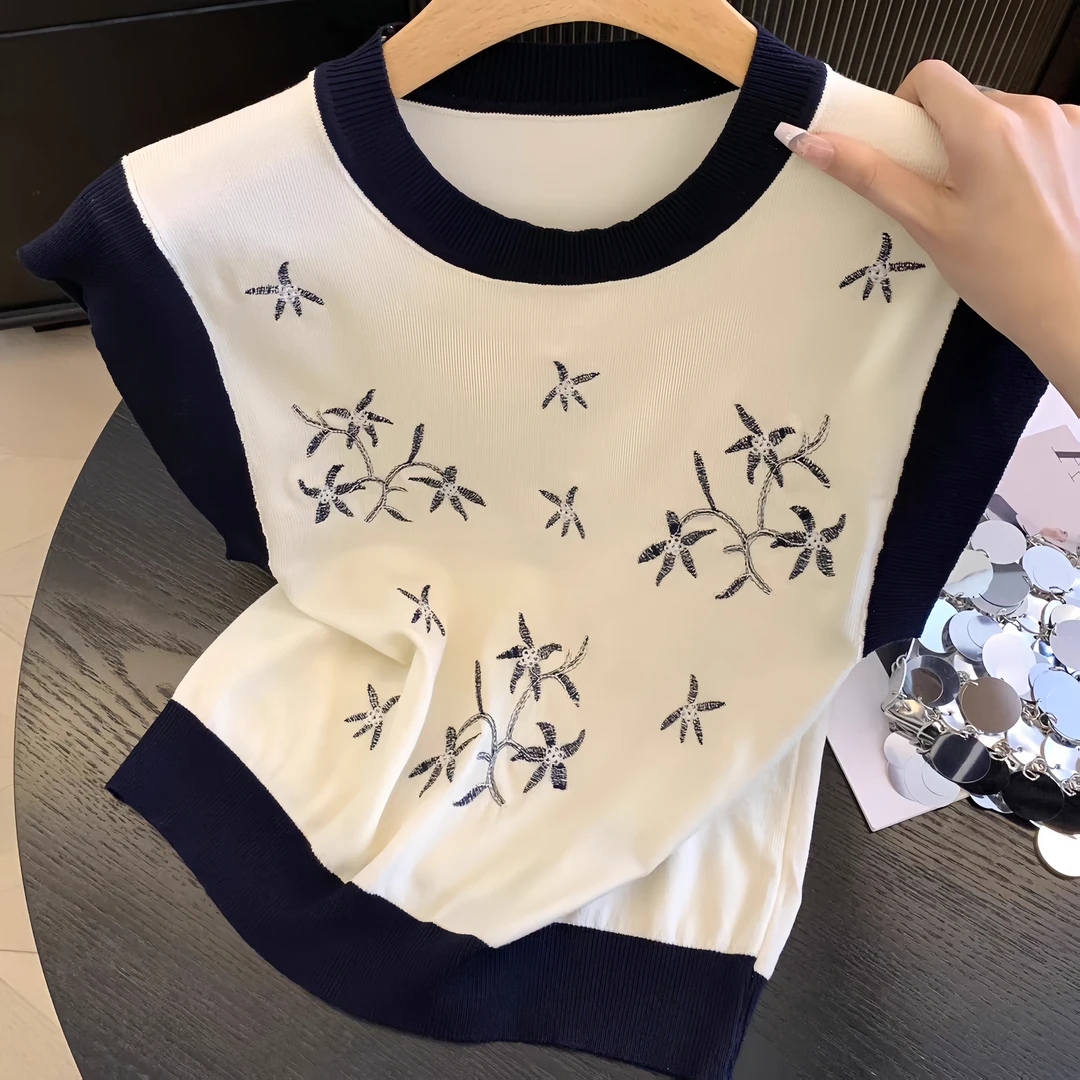 重工花朵刺绣 圆领撞色飞袖设计感针织衫女8858