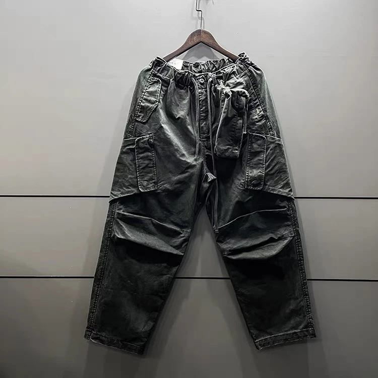 厚款工装裤日系复古水洗做旧廓形宽松多口袋松紧腰休闲重磅裤子