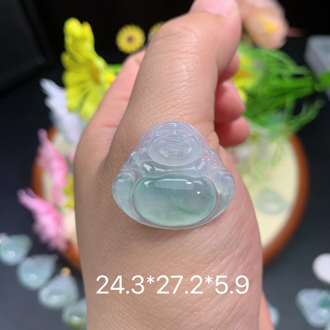 缅甸翡翠A货冰种飘花佛公夏挂件水润百搭精冰气妈妈雕刻玉石百搭