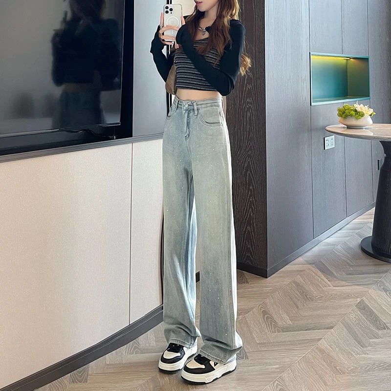 浅色烫钻阔腿牛仔裤女2025春季新款宽松显瘦直筒高腰垂感拖地裤子