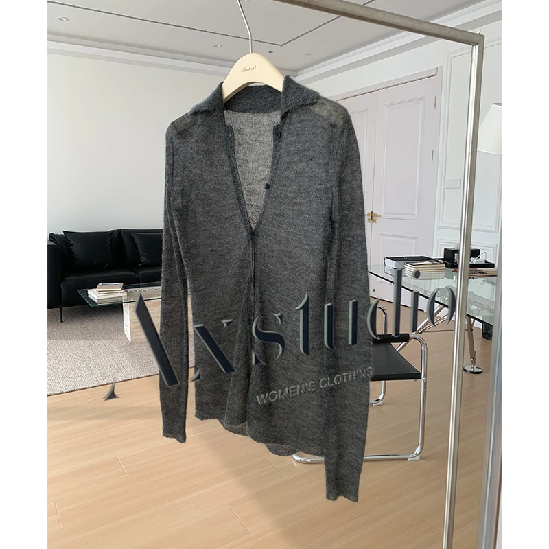 阿昕亮晶晶 东京私服 14针32支超细马海毛绵羊毛混纺开衫AX240880