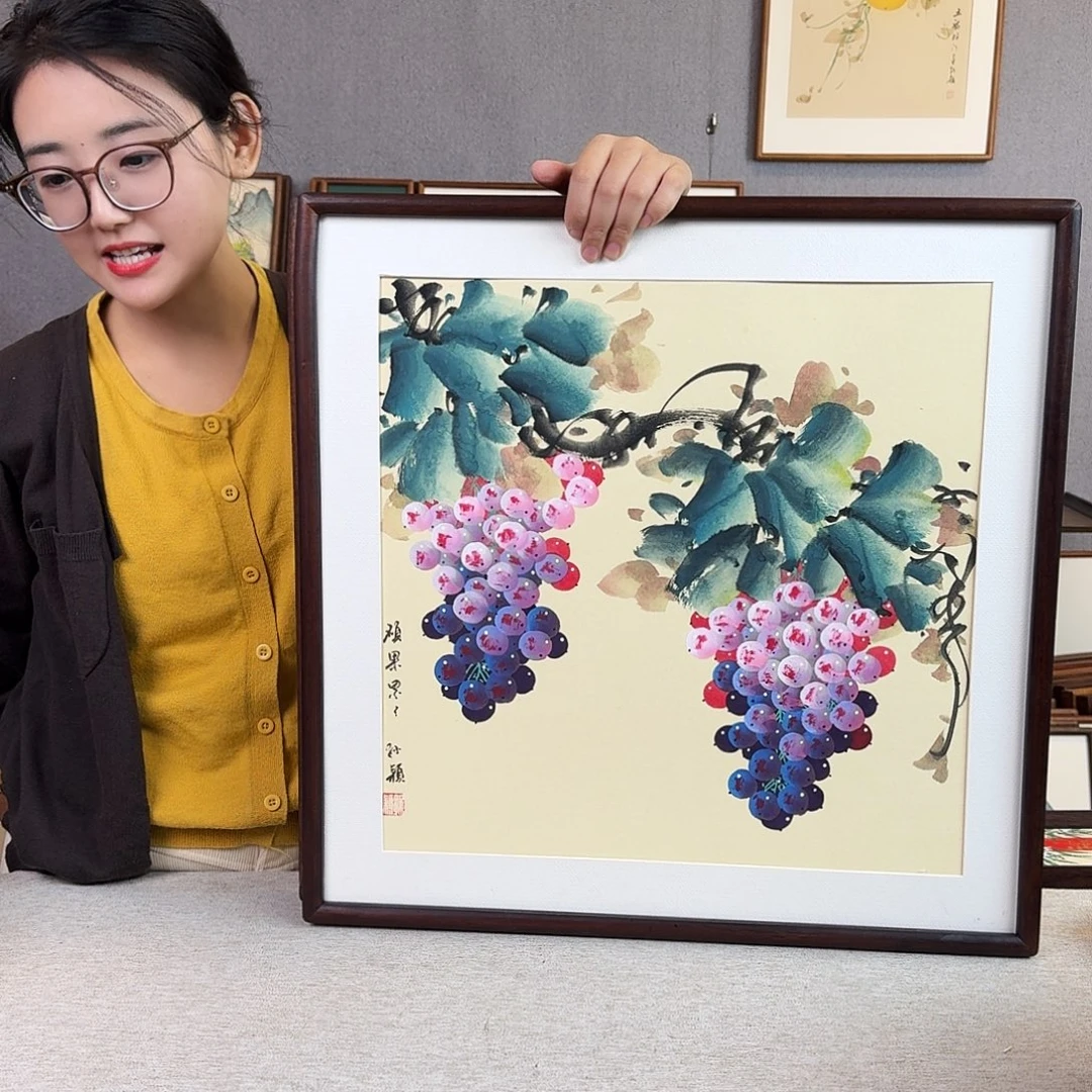 国画纯手绘，纯手写带框尺寸：53×53厘米