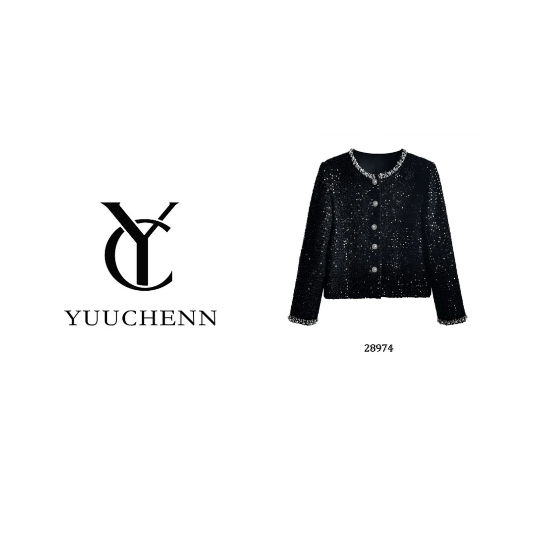 YUUCHENN  时尚高级轻奢黑金玫瑰长袖小香风外套秋冬
