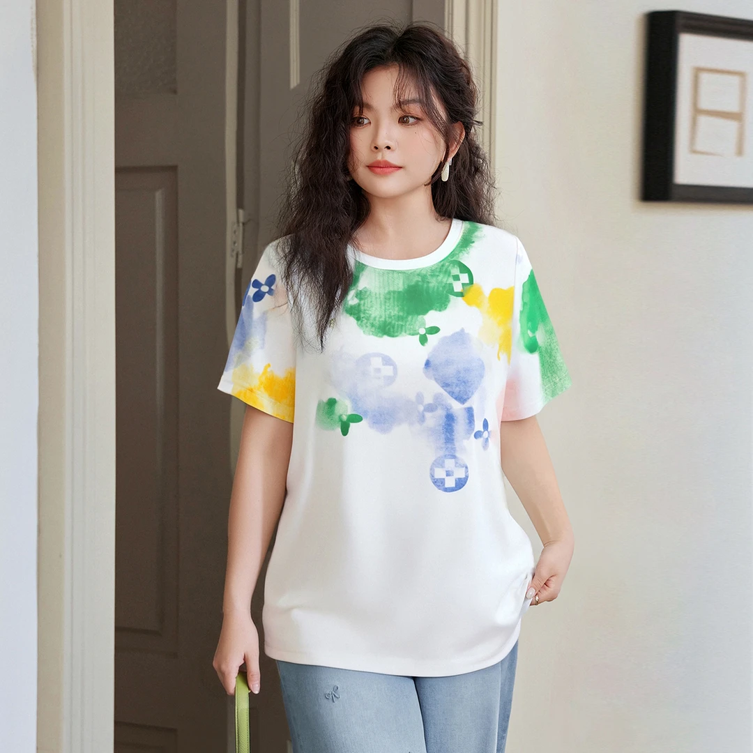 【珠地棉】MsShe大码女装新款夏装晕染印花圆领短袖T恤上衣K2505031