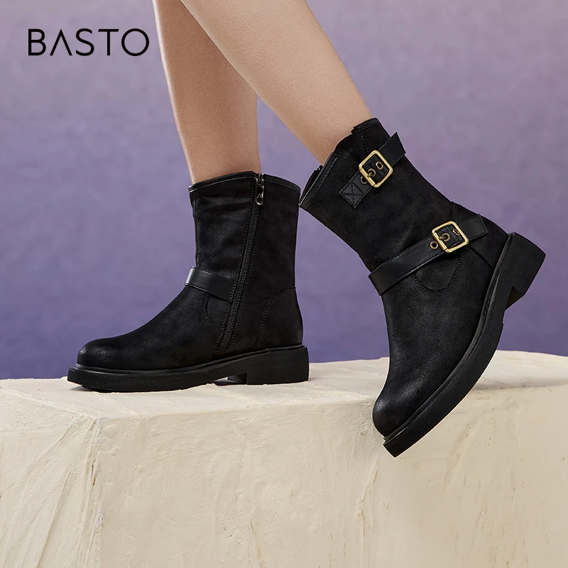 【琥珀流光】百思图四季商场同款复古运动牛仔靴粗跟女中靴W2082DZ4