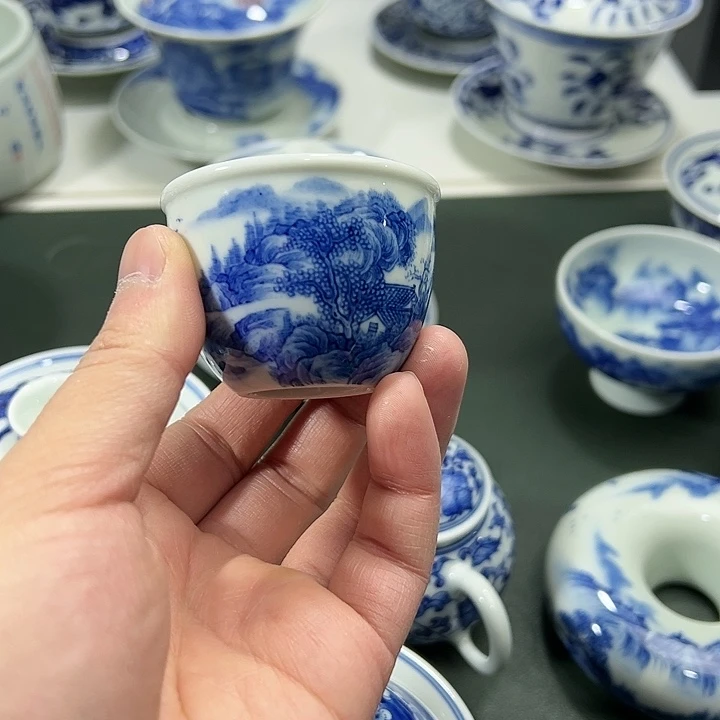 微瑕柴窑工笔山水缸杯