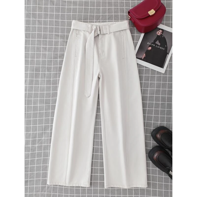 1830实拍奶杏灰加绒秋冬水洗百搭显高显瘦显腿长阔腿弯刀牛仔裤