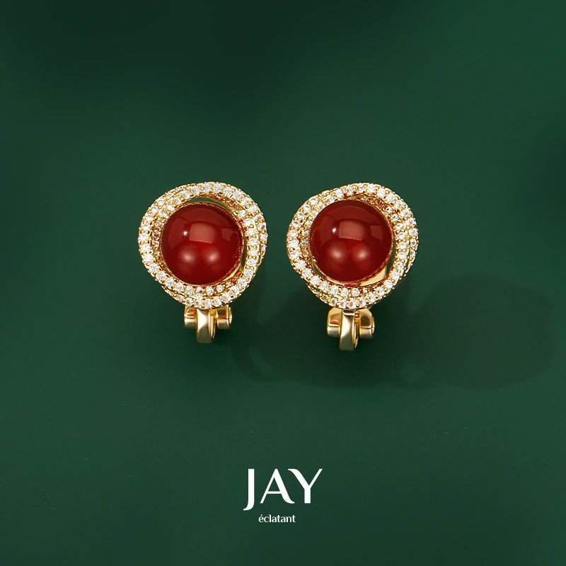 复古红玛瑙耳夹无耳洞红色耳环过年耳饰女新年耳钉无痛耳夹