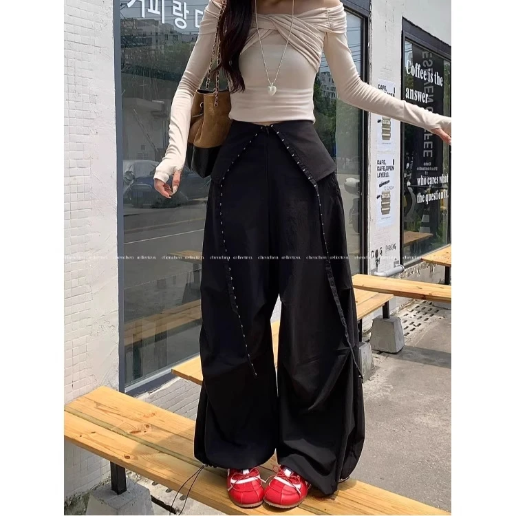 拉夏贝尔美式街头酷飒风女装工装裤显瘦宽松设计感休闲运动阔腿裤