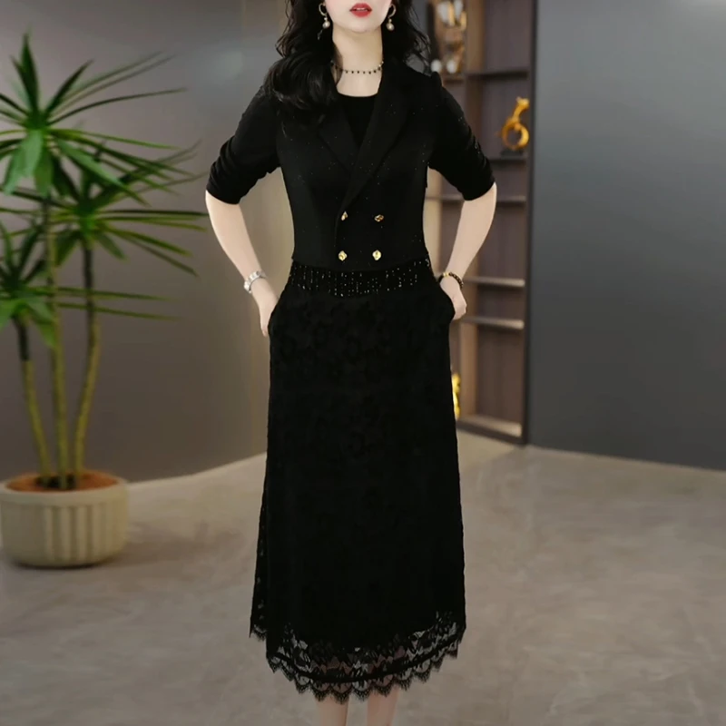 梭织精纺气质名媛2025春秋季新款黑色修身显瘦假两件长袖连衣裙子