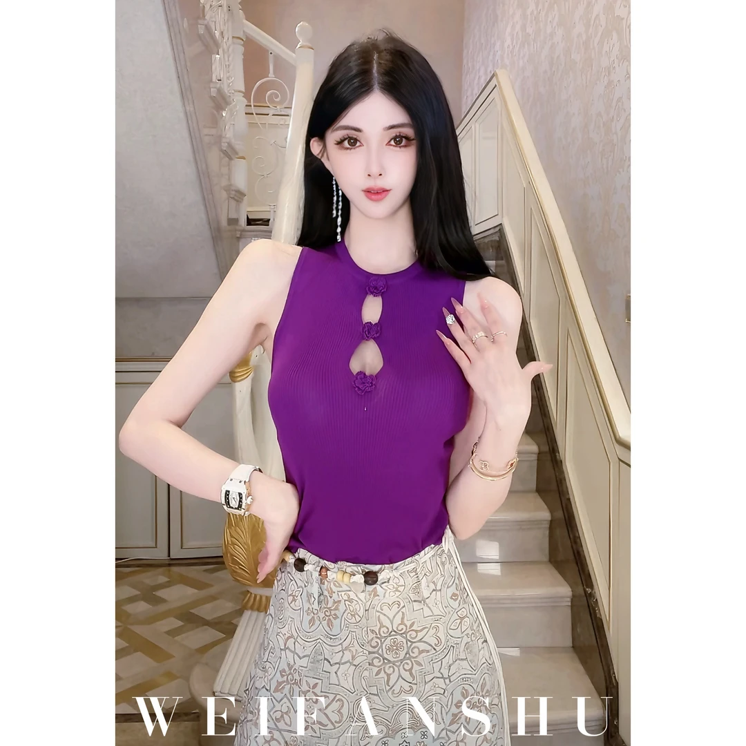 WEIFANSHU/魏凡舒 【珍妮甜梦】夏季新款性感镂空简约修身背心上衣