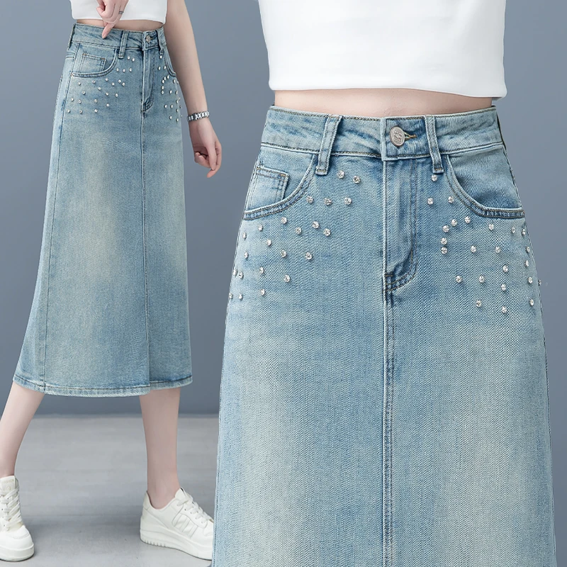 新款春夏季高腰不褪色欧货宽松显瘦潮女A字烫钻半身牛仔中长裙