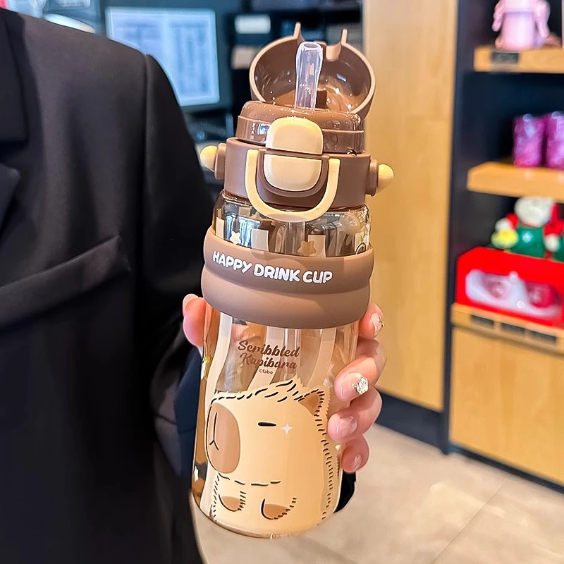 卡皮巴拉塑料水杯女2025新款夏天大容量双饮杯子学生上学专用水壶