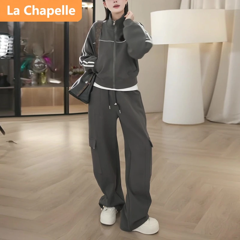 拉夏贝尔运动风休闲套装女2025秋季宽松减龄灰色长袖卫衣长裤两件
