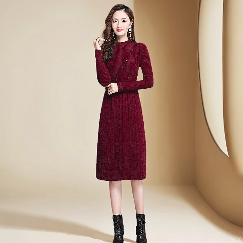 2025春秋款女装半高领过膝配大衣蕾丝红色打底毛衣裙针织连衣裙女