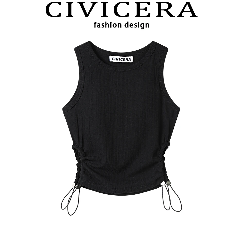 CIVICERA设计感小众收腰小衫无袖上衣女夏短款辣妹风别致黑色背心
