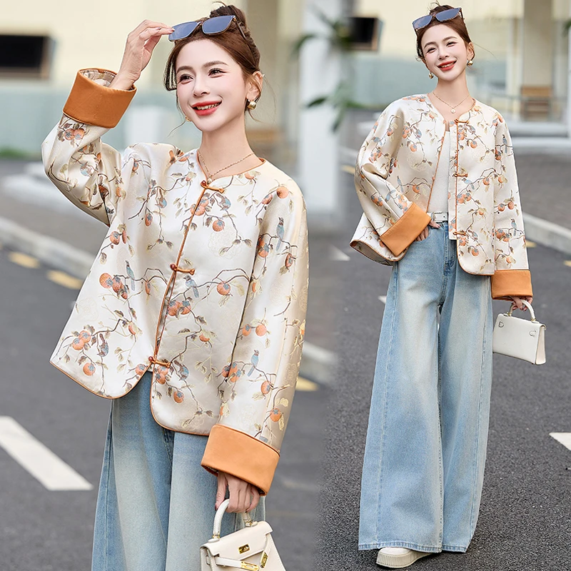 新中式国风刺绣提花外套女2025春季新款复古盘扣拼色宽松短款上衣