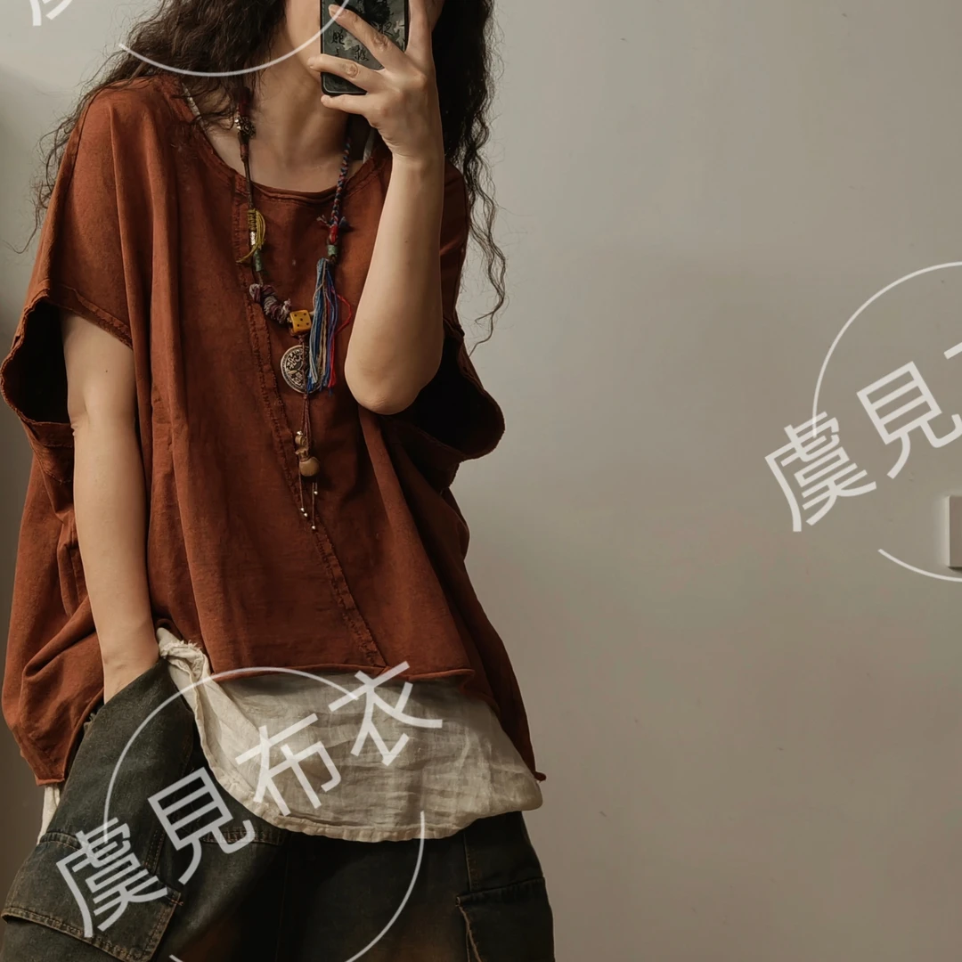 虞姑娘推荐 复古炒色做旧无袖大版T恤【衣长57-68胸围166】