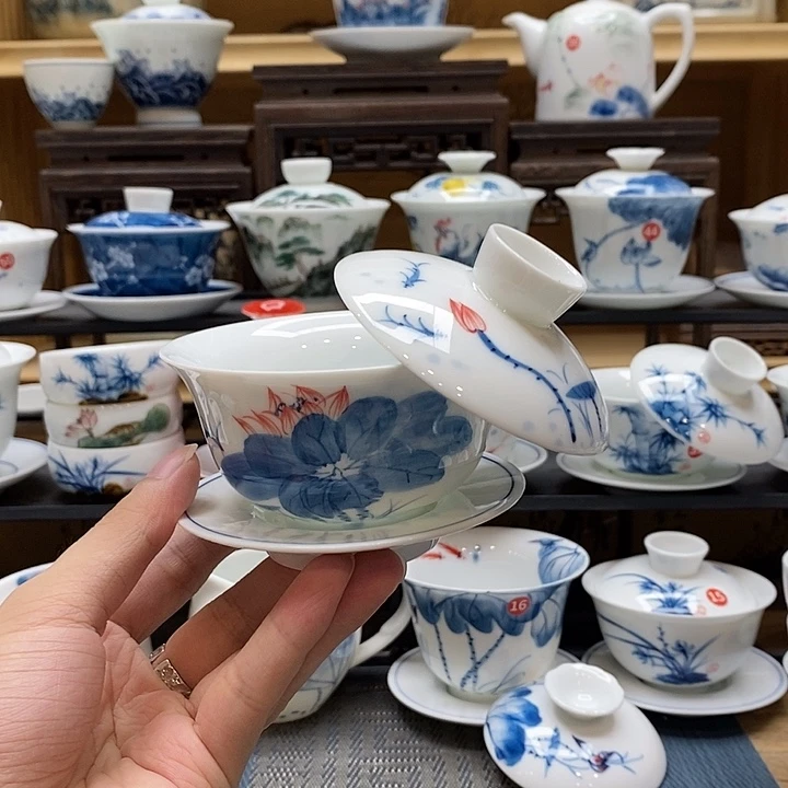 手绘荷花悬停盖碗釉下彩高温瓷微瑕福利款