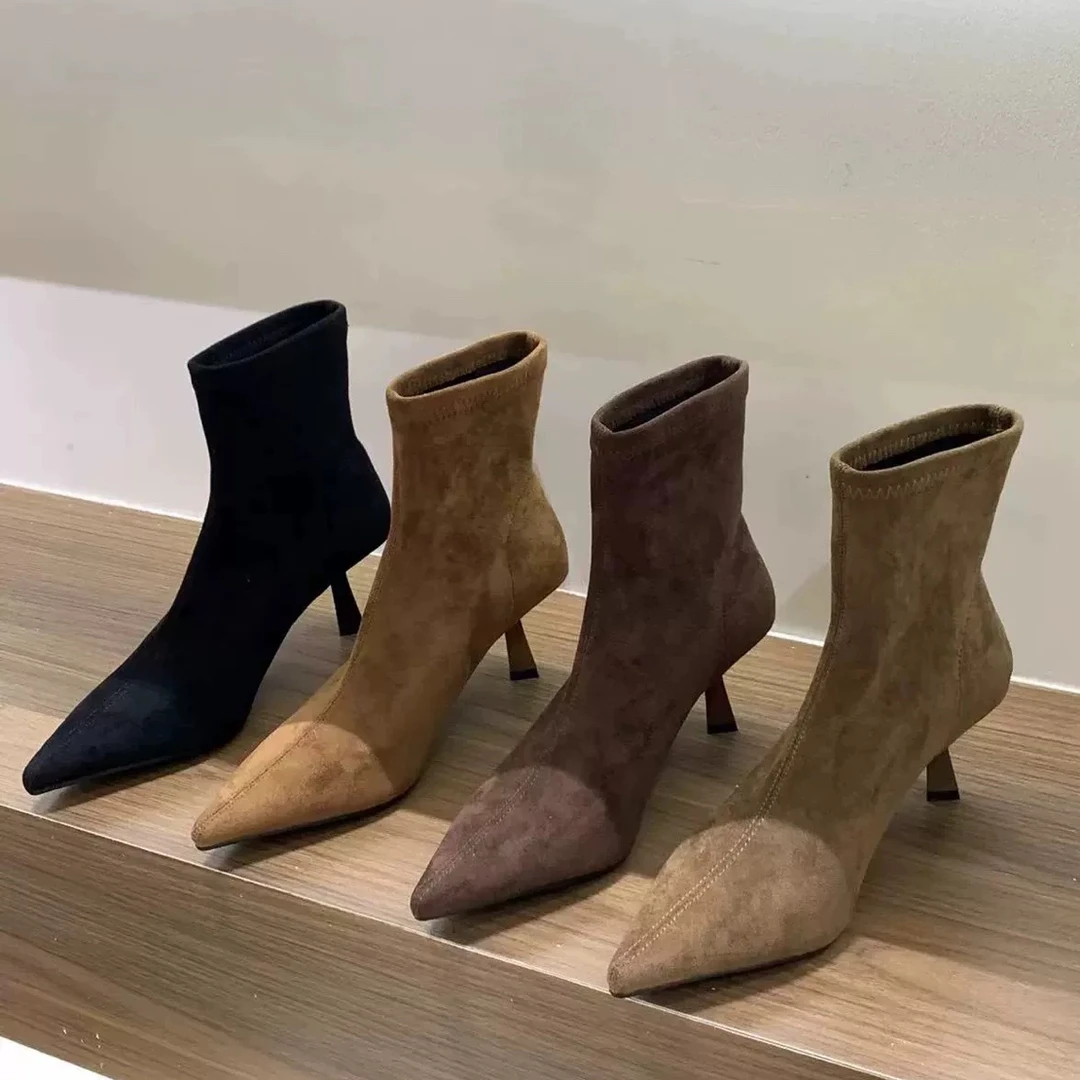 2025秋冬季新款低跟裸靴绒面尖头细跟高跟短靴套筒弹力瘦瘦靴女