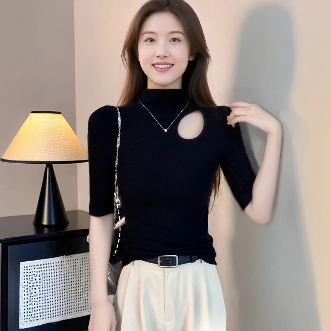 黑色打底衫镂空显瘦螺纹中袖t恤女春夏半高领修身半袖五分袖上衣