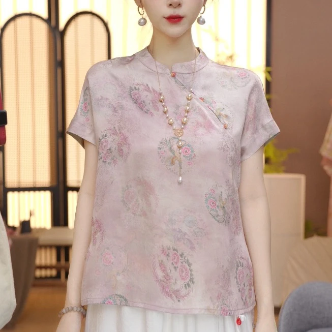 【675】新中式女装极简风富家千金风唐风美学国风短袖上衣女提花T恤