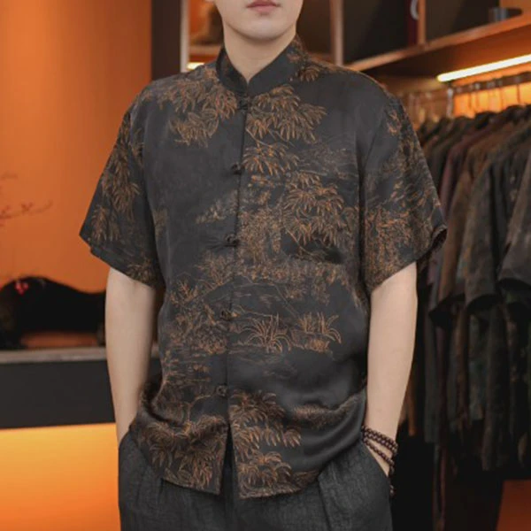 四经花萝富贵竹香云纱植物染色桑蚕丝男士奢品级新中式短袖国风男