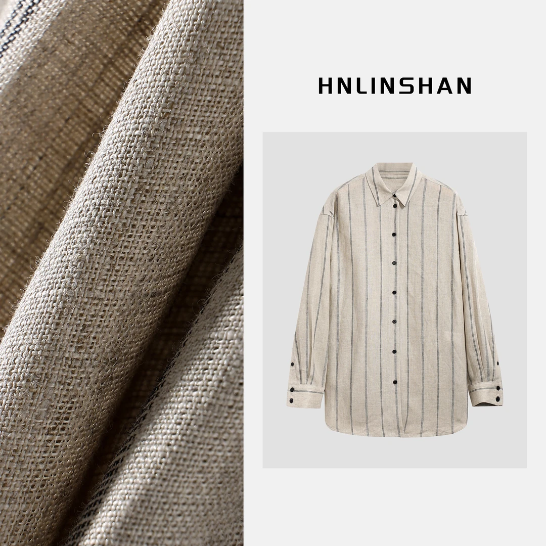 HNLINSHAN【雨雾】25新款定染亚麻条纹翻领衬衫BCS1016