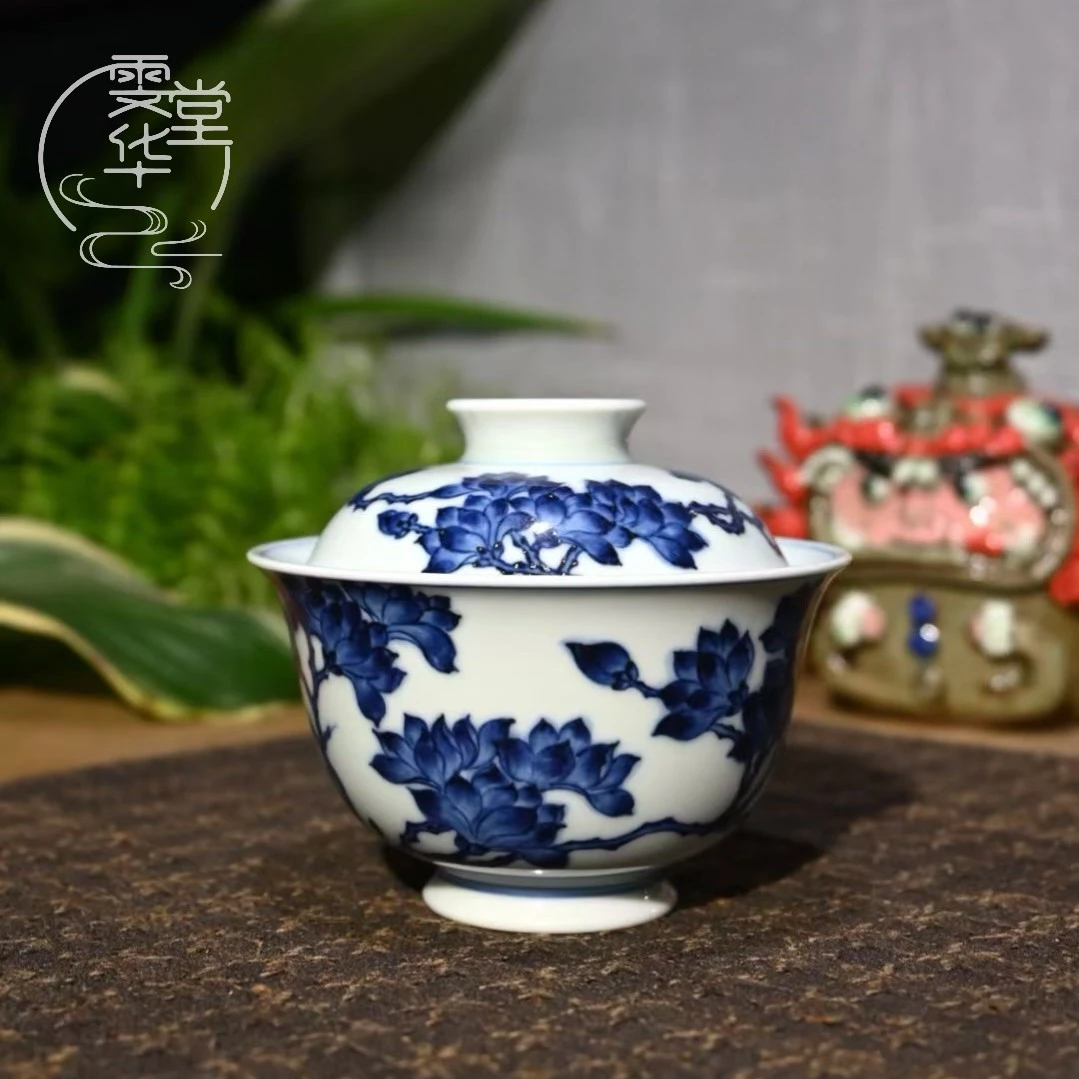 雯华堂|新式仿明青花 盖碗景德镇手绘青花玉兰花两才盖碗