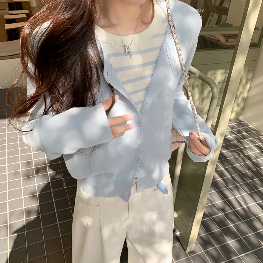 韩系简约条纹撞色假两件针织衫女早春季新款温柔休闲百搭软糯上衣