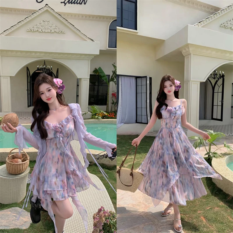 夏季新款设计感荷叶边气质流苏开衫搭配碎花雪纺吊带连衣裙两件套