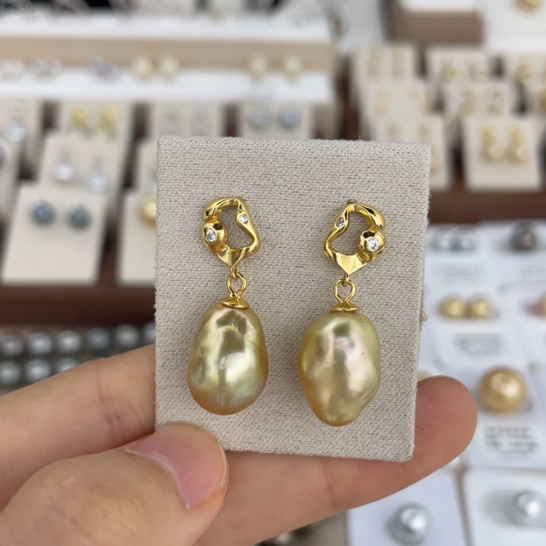 耳饰海水珍珠银S925镶嵌金11mm