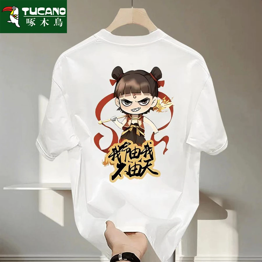 啄木鸟纯棉重磅男士T恤潮牌夏季圆领短袖新款纯棉宽松百搭上衣潮