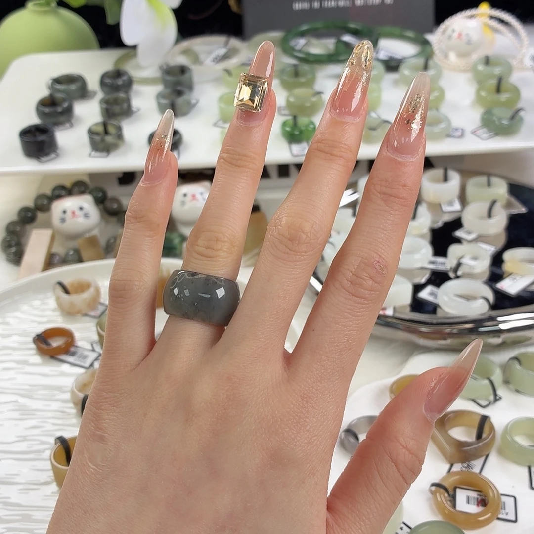 和田玉（糖玉）未镶嵌戒指j141点墨方圆15.9