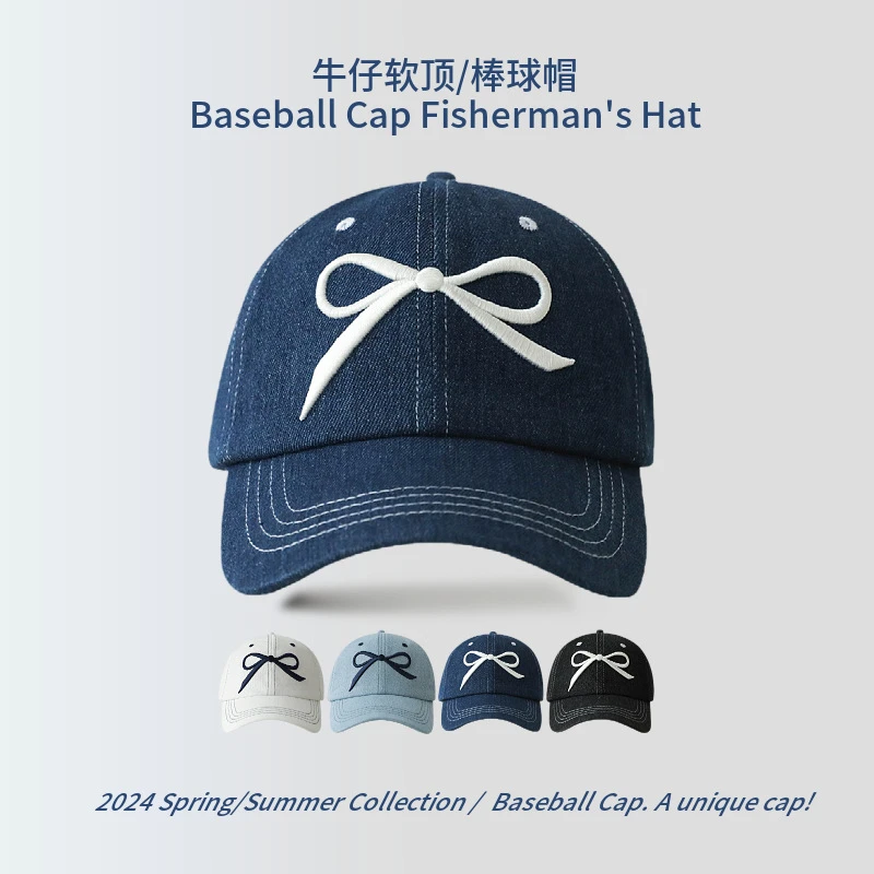 TIFICY户外韩版新款牛仔棒球帽夏季新款软顶遮阳鸭舌帽刺绣蝴蝶结
