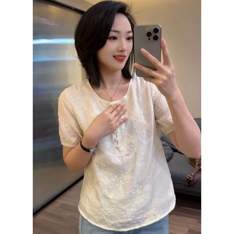 蕾丝时尚衬衫女2025夏新款圆领纯色宽松休闲百搭T恤上衣25062