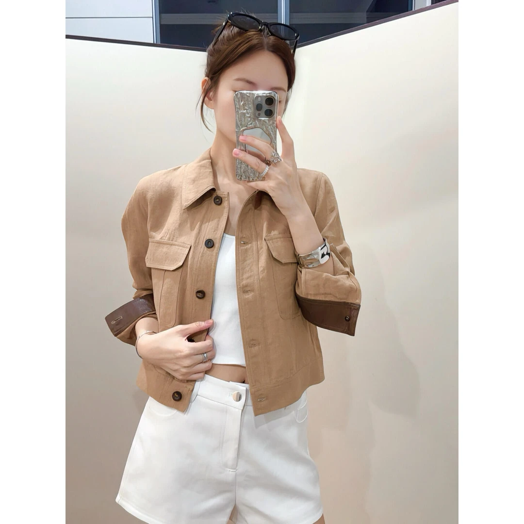 高级感咖色亚麻外套女2025秋新款高端小香风气质翻领短款夹克上衣