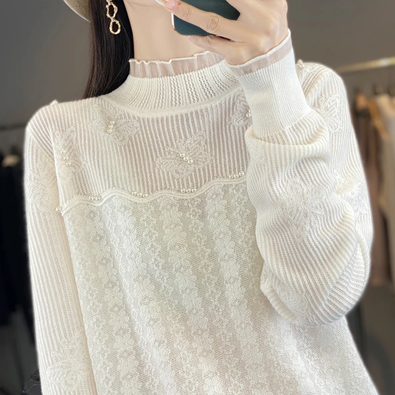 半高领蕾丝打底衫女2026新款洋气钉珠内搭特大码女装秋冬针织毛衣