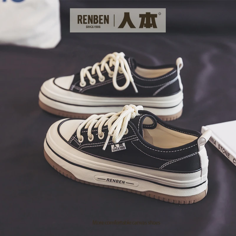 人本2025夏季低帮新款帆布鞋女厚底复古休闲百搭ins潮版运动鞋女